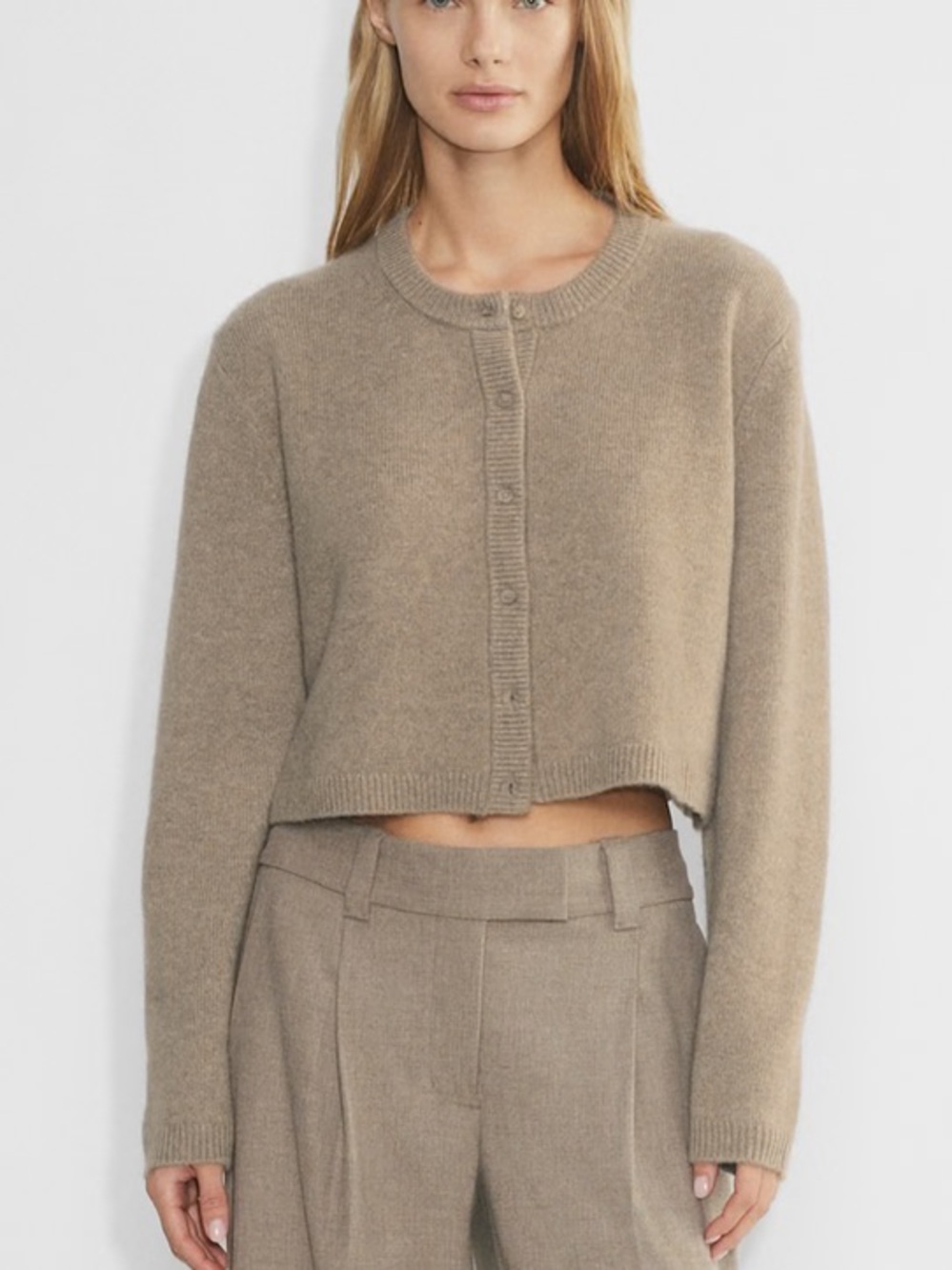 Aritzia Cropped Crewneck Cashmere Cardigan - Taupe